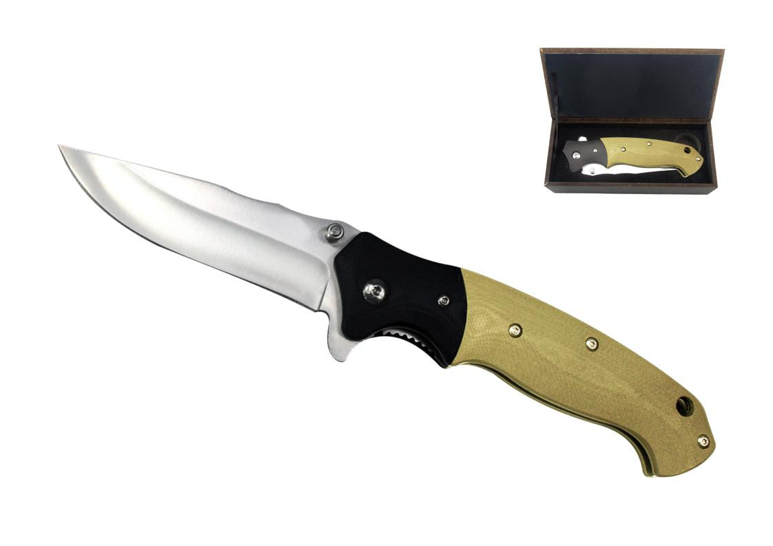Black and beige folding knife with belt clip in wooden presentation box (12.5cm), Knives - Presence