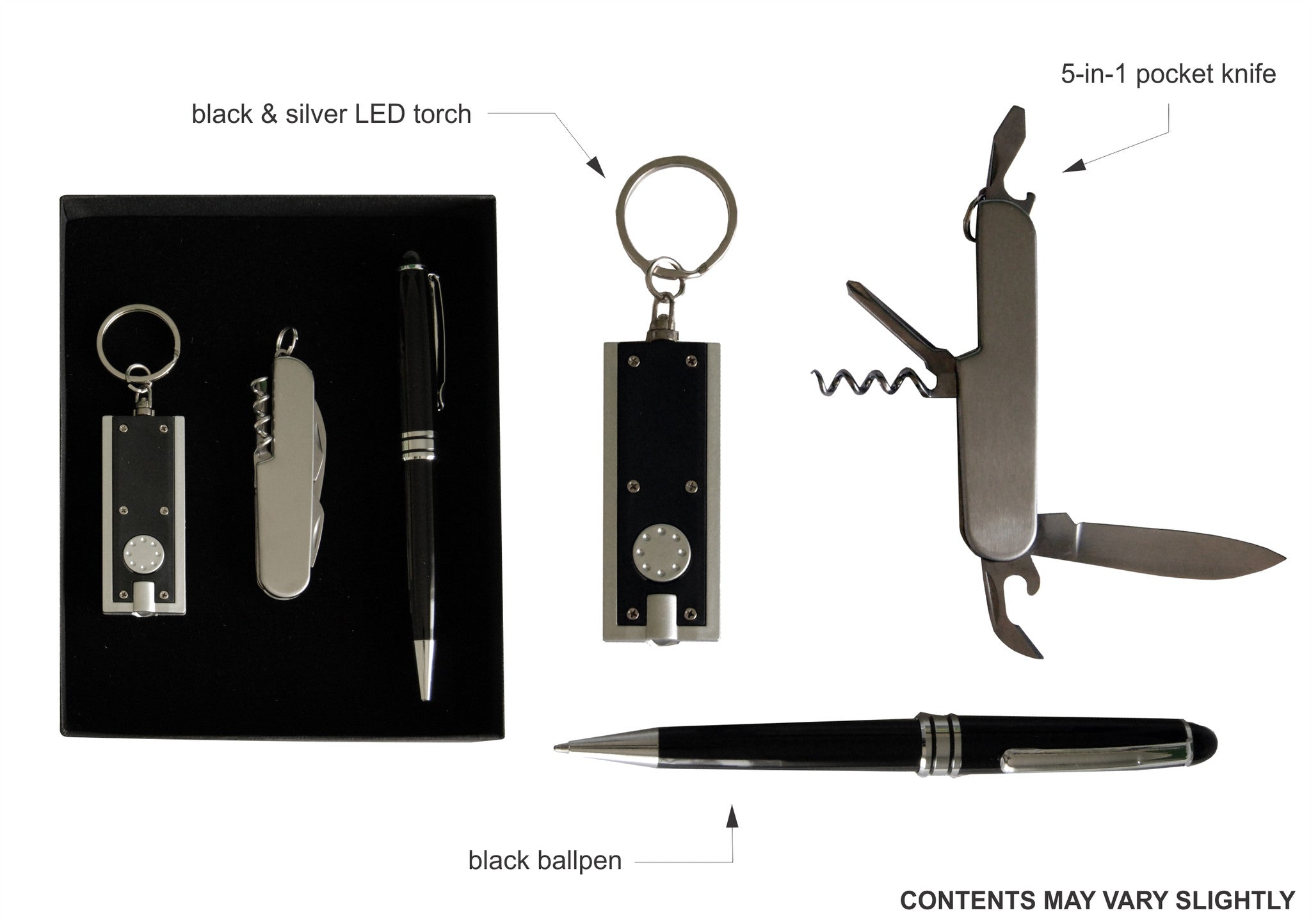 Black and silver LED torch keyring , pocket knife and black ballpoint pen in gift box, Gift Sets - Presence