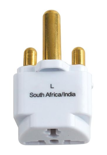 White universal travel plug adapter for international visitors to SA used to convert international power plugs