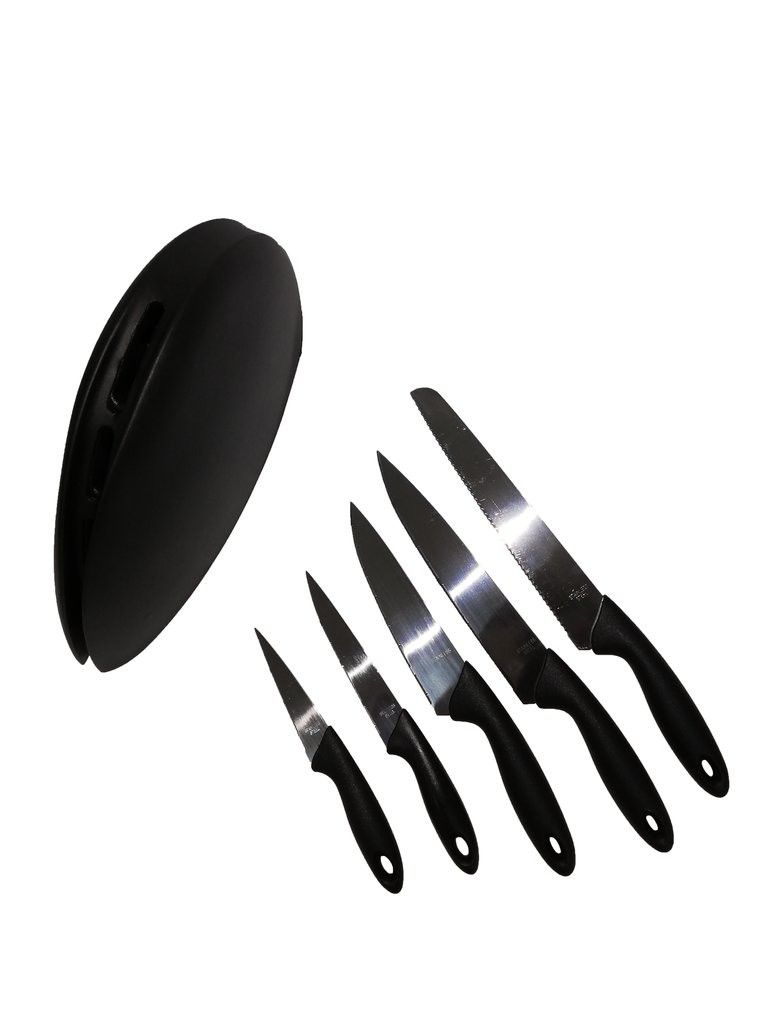 6pc Stainless steel knife set with black handles in a black stand