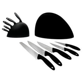 6pc Stainless steel knife set with black handles in a black stand - 0