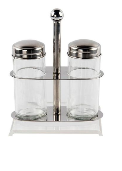 3 Piece stainless steel mirror finish and glass salt and pepper set
