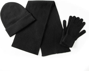 Black knit hat, gloves and scarf set for adults
