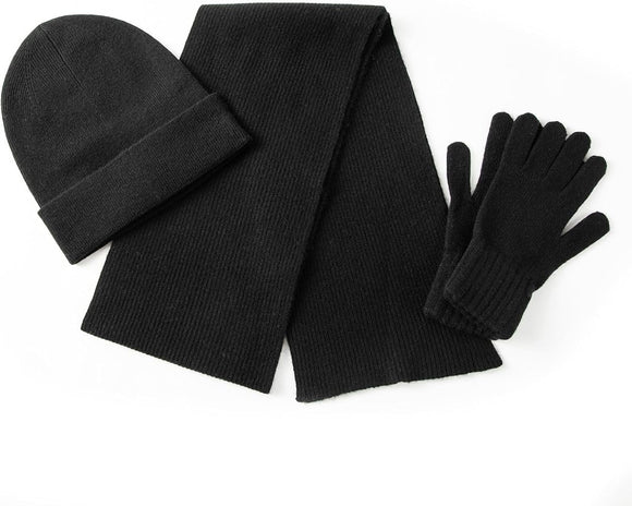 Black knit hat, gloves and scarf set for adults