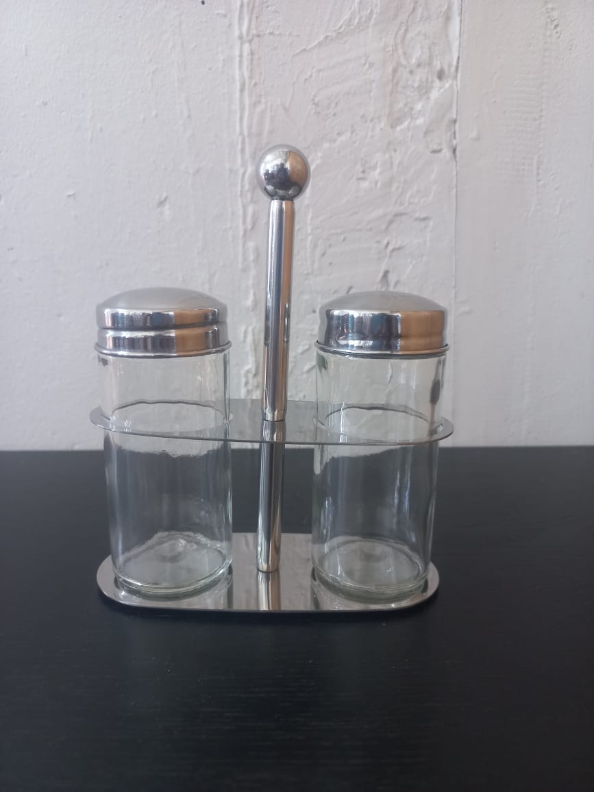 3 Piece stainless steel mirror finish and glass salt and pepper set