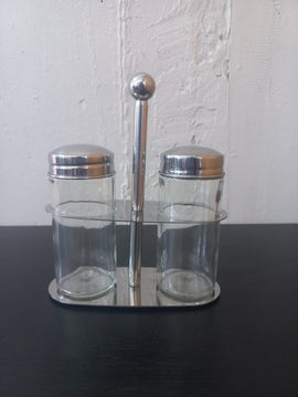 3 Piece stainless steel mirror finish and glass salt and pepper set - 0