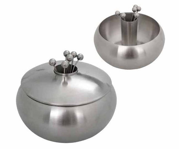 Stainless steel snack dish with 6 cocktail picks