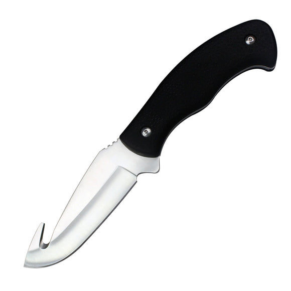 Black hunting knife with hook and nylon sheath