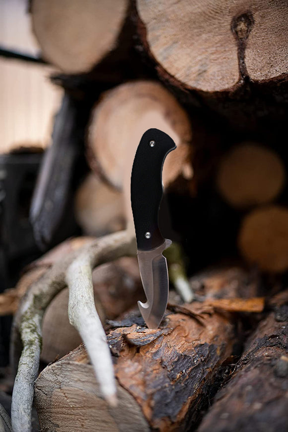 Black hunting knife with hook and nylon sheath