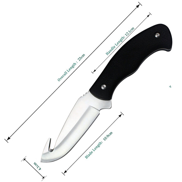 Black hunting knife with hook and nylon sheath