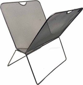 Silver mesh magazine rack with logo plate
