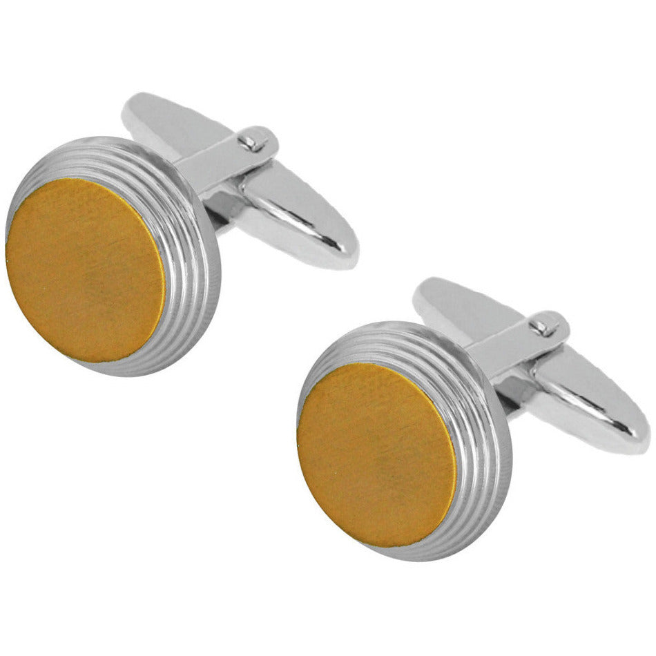 round gold and silver cufflinks in gift box
