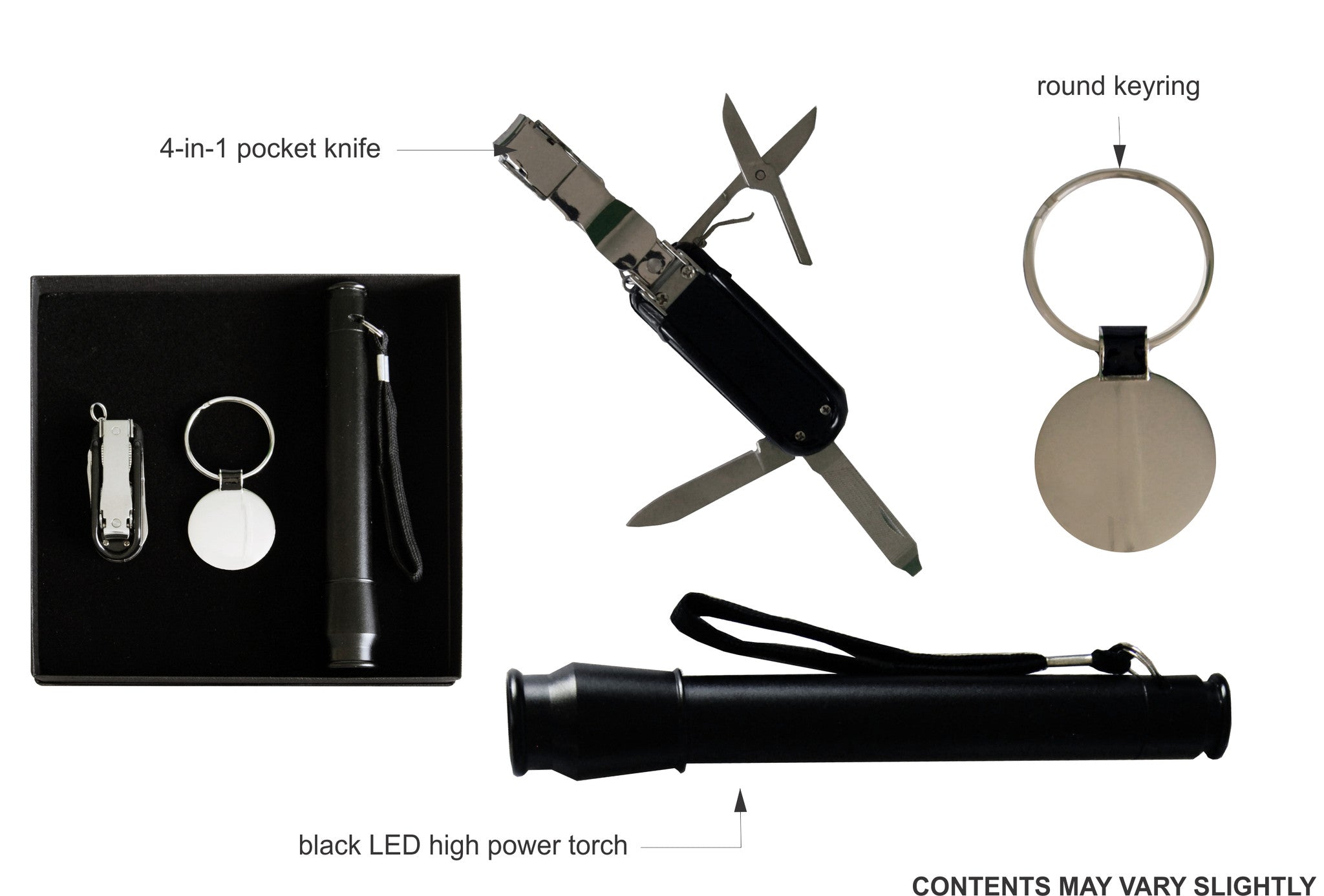 Black LED torch, pocket knife and keyring in gift box, Gift Sets - Presence