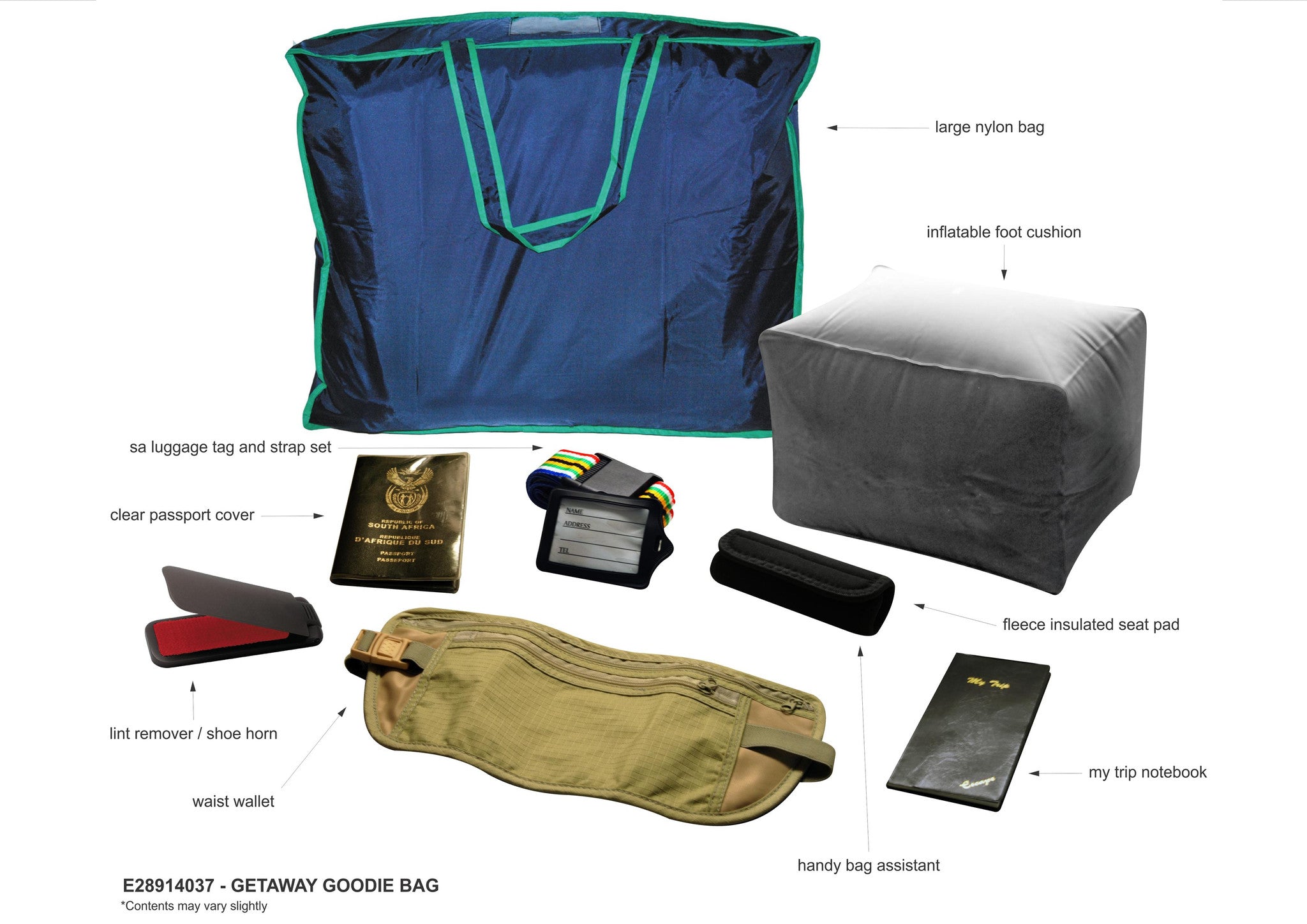 Getaway goodie bag with travel accessories