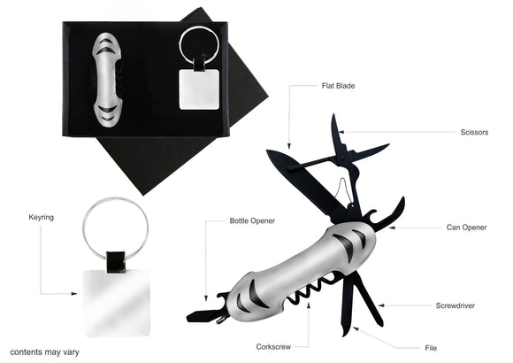 Multi function knife and keyring set in gift box