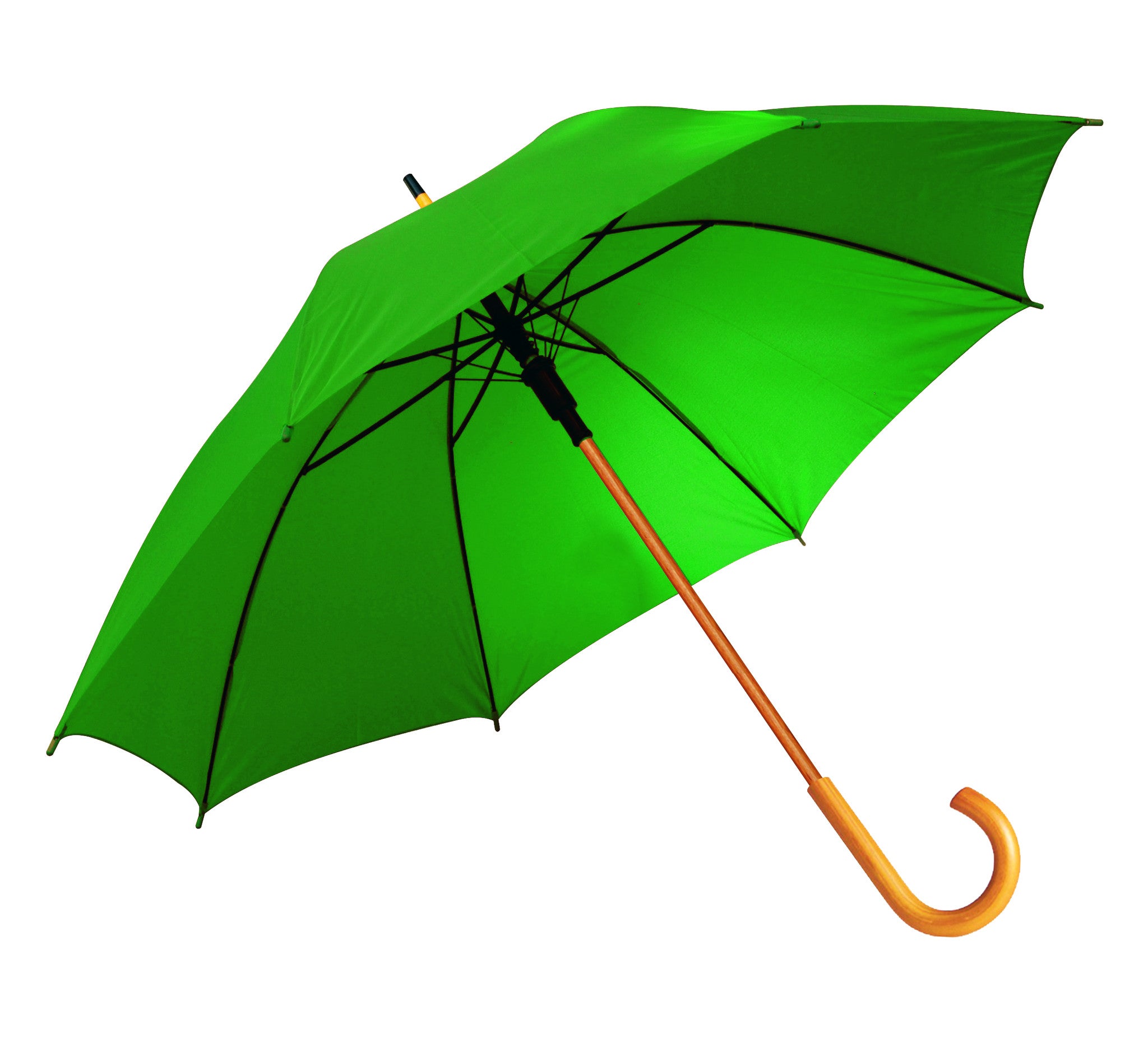 Green umbrella with wooden shaft