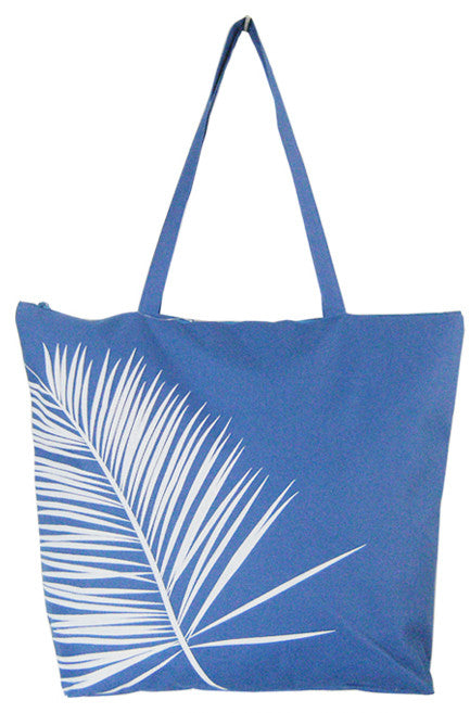 blue beach bag with white leaf print