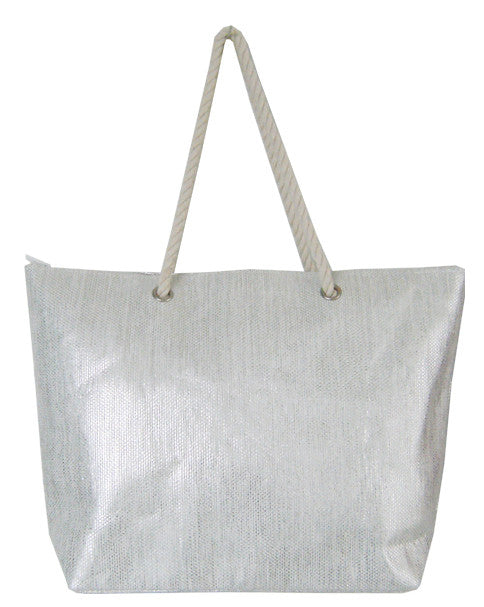 Silver beach bag with cotton rope strap