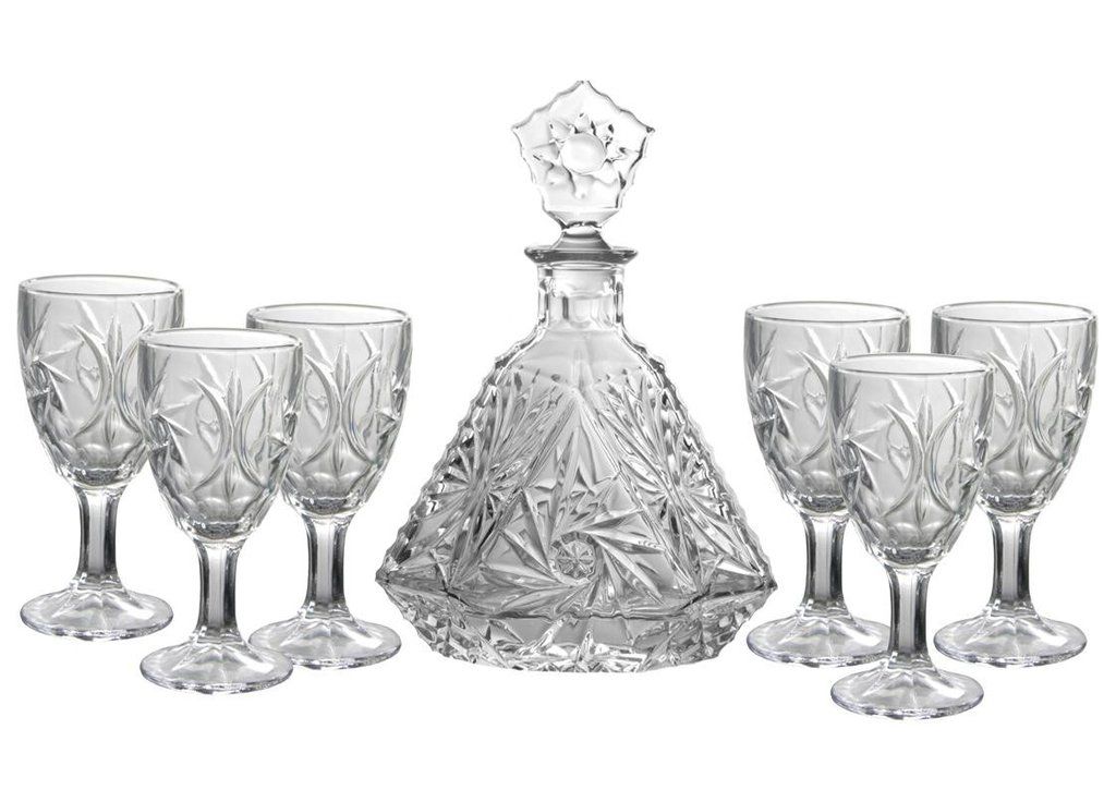 Elegant 7 Piece Clear Glass Decanter Set with 6 Wine Glasses